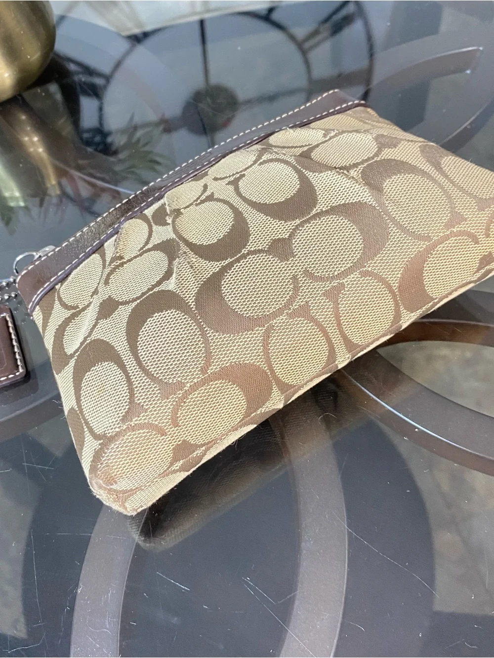 Coach Signature Pleated Wristlet Khaki Mahogany Canvas Leather Pouch F43434
